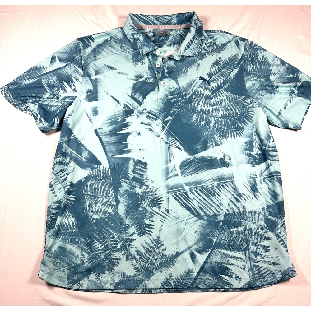 Puma Golf Mens XL Blue Tropical Palm Fern‎ Leaf Print Short Sleeve Polo Shirt